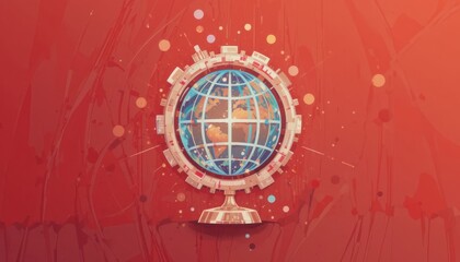 Dynamic globe with abstract futuristic elements and vibrant red background signifies global connection and technological innovation