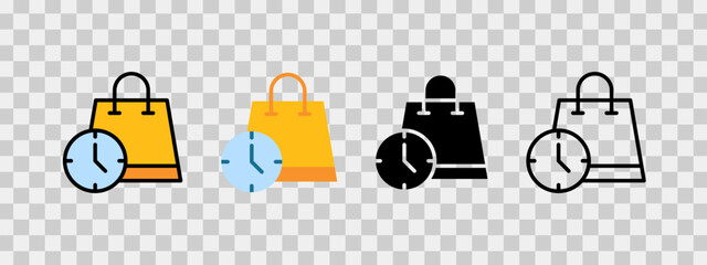Shopping bag icons with clocks representing limited-time sales offers, suitable for retail promotions.