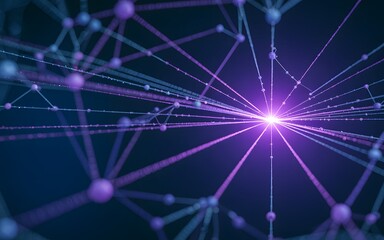 Abstract view of a network of interconnected points with a bright light shining in the center, representing complex connections