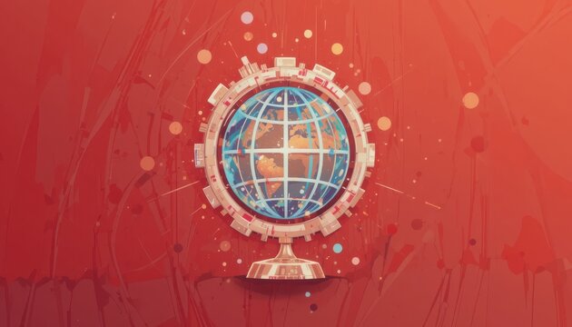 Dynamic globe with abstract futuristic elements and vibrant red background signifies global connection and technological innovation - Powered by Adobe