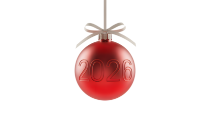 Red christmas ornament ball with ribbon decoration holiday season celebration year two thousand twenty six on transparent background