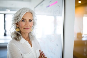 Confident Mature Woman in Office Setting Posing with Whiteboard.