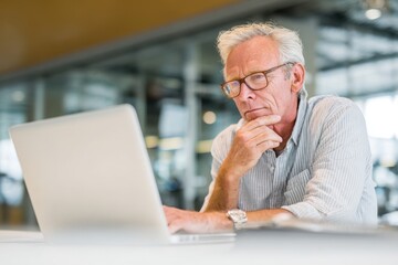 Senior Professional Man Focused on Laptop Work in Modern Office Setting.