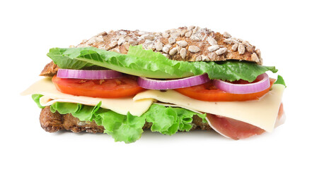 Tasty ciabatta sandwich with cheese and vegetables isolated on white