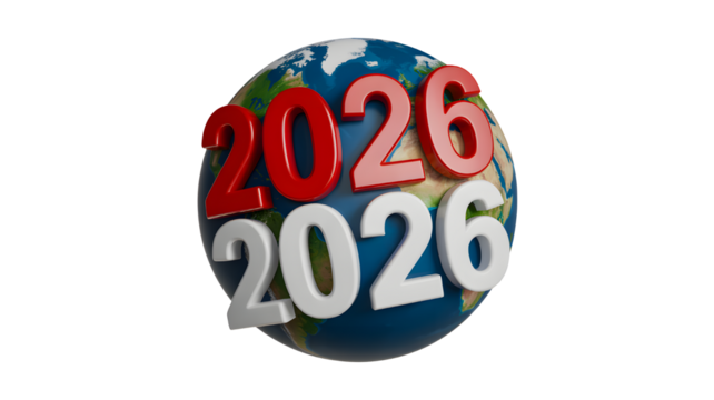 Globe earth world travel future year calendar date time red white render illustration prediction forecast on transparent background