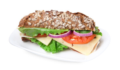 Tasty ciabatta sandwich with cheese and vegetables isolated on white