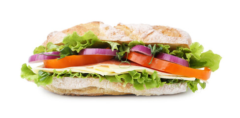 Delicious ciabatta sandwich with prosciutto, cheese and vegetables isolated on white