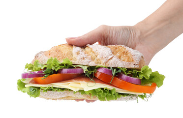 Woman with delicious ciabatta sandwich on white background, closeup