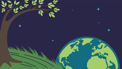 Celebrate Earth Day with this vector art featuring our beautiful planet, a lush tree, and serene starry night for environmental awareness projects
