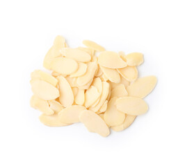 Pile of fresh almond flakes isolated on white, top view