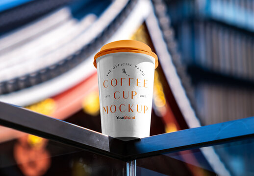 Medium Paper Cup on Railing Mockup