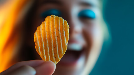 Crispy Delight: A close-up of a rippled chip held up against a blurred background of a joyful person, highlighting the anticipation of a tasty snack.