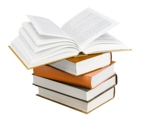 Stack of books and an opened book atop isolated on white
