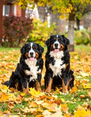 Two Bernese Mountain Dogs in autumn leaves