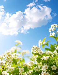 Close-up of white blossoms against a vibrant blue sky