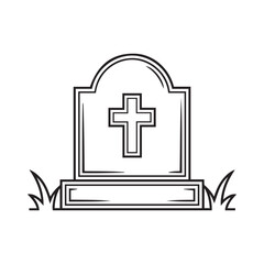 Obraz premium Outline Vector Illustration of an Old Gravestone with Christian Cross Symbol for Funeral and Halloween Designs