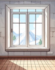 Interior room with a window overlooking snowy mountains