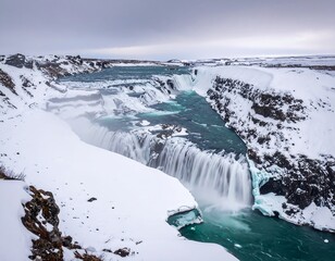 Winter waterfall cascading into a turquoise river, snow-covered landscape