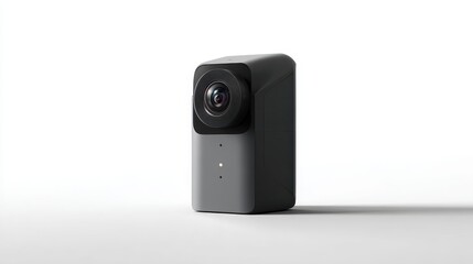 Fototapeta premium A gray digital surveillance camera with a complex lens and small indicator lights is positioned on a clean white surface, casting a subtle shadow.
