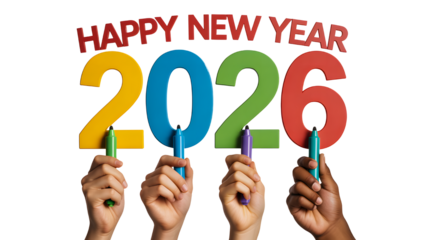 Celebration new year happy holiday twenty twenty six marker hands colorful design festive greeting card on transparent background