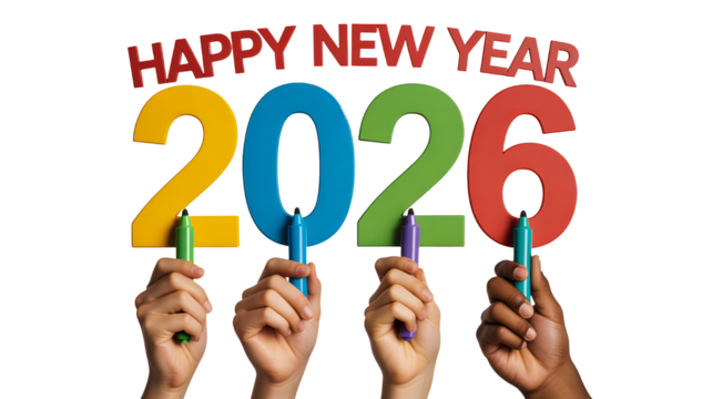 Celebration new year happy holiday twenty twenty six marker hands colorful design festive greeting card on transparent background