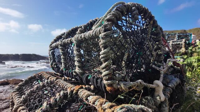 Old crab traps resting on the rugged Isle of Man coastline under a blue sky