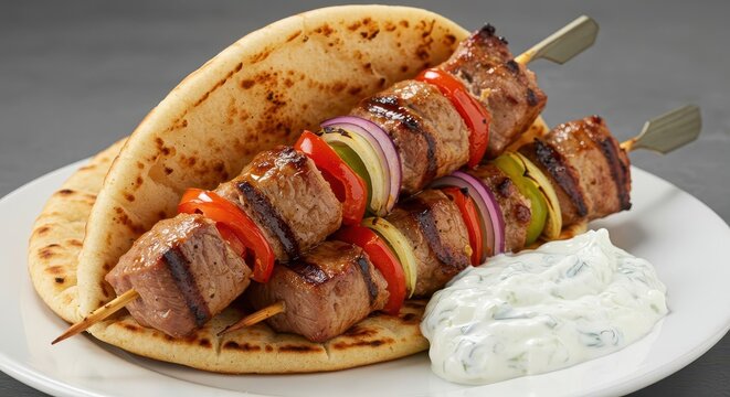Grilled meat skewers with vegetables on flatbread and dip.
