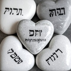 Heart-shaped, light gray and white stones, engraved with Hebrew script