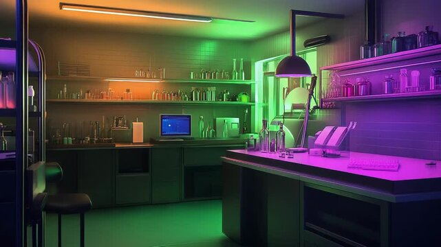 Futuristic laboratory glowing with neon blue and pink light