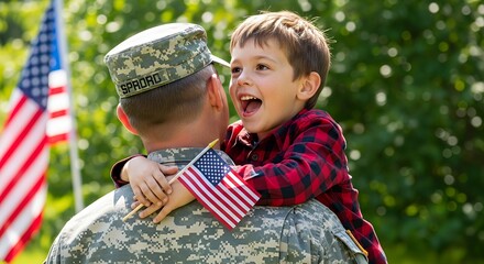 Happy child hugs soldier returning home on Veterans Day celebration reunion