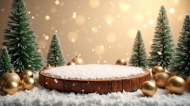 Experience holiday magic with glistening ornaments and snow covered platform, perfect for festive product showcases and heartwarming Christmas videos
