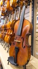 Rows of violins, showcasing rich, warm tones.  A display of instruments in a music store