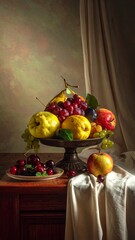 Still life of colorful fruit in antique bowl