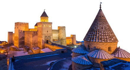Khotyn fortress, a medieval castle located in the chernivtsi oblast of ukraine, illuminated at dusk with a dramatic sky and surrounding landscape isolated on transparent background