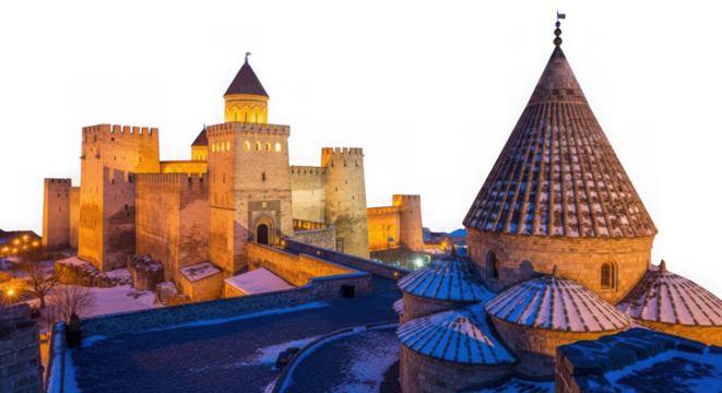 Khotyn fortress, a medieval castle located in the chernivtsi oblast of ukraine, illuminated at dusk with a dramatic sky and surrounding landscape isolated on transparent background