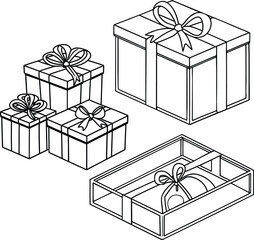 Artistic drawing of decorative gifts with bows and striped wrapping paper design
