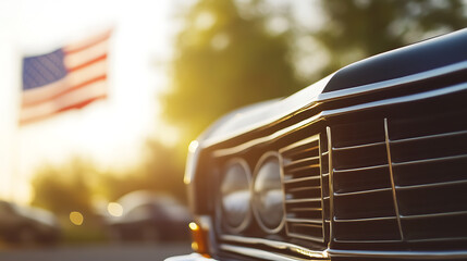 Fototapeta premium Classic Car and American Flag: A nostalgic scene featuring the front grill of a vintage automobile with the stars and stripes waving in the background.