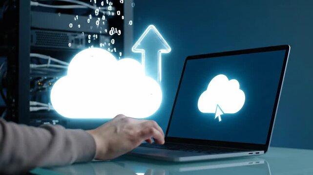Digital Transformation - Cloud Migration: Server rack dissolves into a bright cloud icon as data dots rise and a glassmorphic uplift arrow confirms a clean, textless transition.