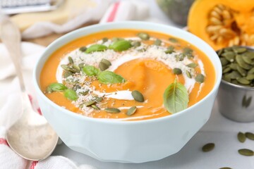 Delicious pumpkin soup with spices, cheese and sour cream in bowl served on table, closeup