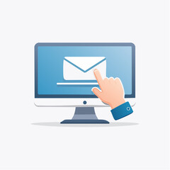 Vector illustration of a hand pointing at an email envelope icon on a computer monitor.