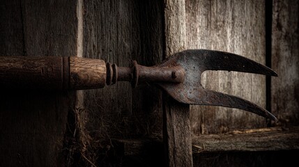 Rusty garden tool against wooden wall