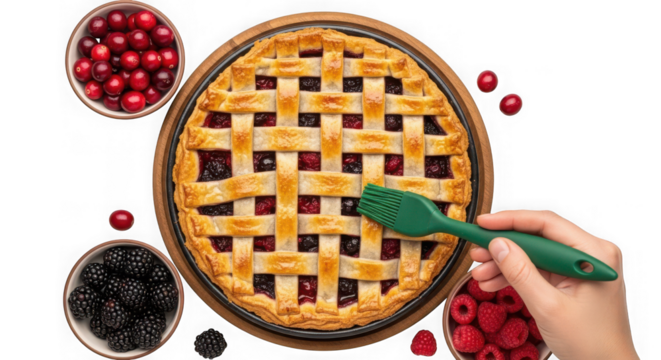 A freshly baked berry pie with a lattice crust, surrounded by fresh berries and a pastry brush, isolated on transparent background