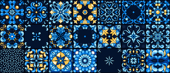 Mediterranean ceramic tiles seamless pattern. Azulejo arabesque. Portuguese, Spanish, Turkish, Indian, Islamic, Arabic decor. Geometrical and floral traditional national ornament. Vector illustration. © Ihor