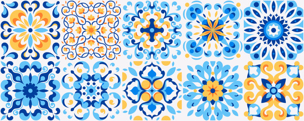 Mediterranean ceramic tiles seamless pattern. Azulejo arabesque. Portuguese, Spanish, Turkish, Indian, Islamic, Arabic decor. Geometrical and floral traditional national ornament. Vector illustration.
