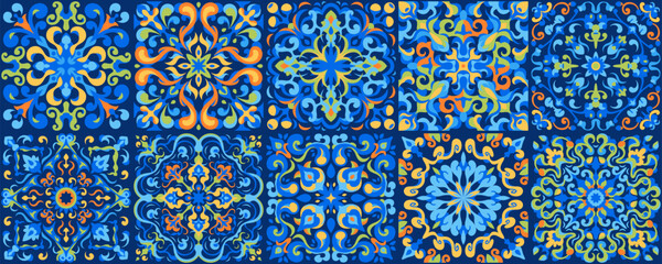 Mediterranean ceramic tiles seamless pattern. Azulejo arabesque. Portuguese, Spanish, Turkish, Indian, Islamic, Arabic decor. Geometrical and floral traditional national ornament. Vector illustration.