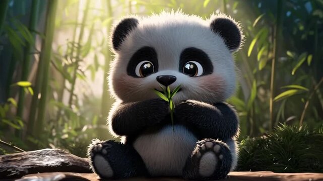 Cute cartoon panda cub holding bamboo in forest