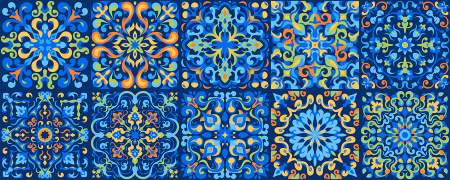 Mediterranean ceramic tiles seamless pattern. Azulejo arabesque. Portuguese, Spanish, Turkish, Indian, Islamic, Arabic decor. Geometrical and floral traditional national ornament. Vector illustration.