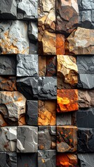 Close-up view of a wall composed of various-colored, rough-edged stone blocks arranged in a grid pattern