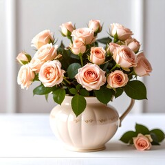 Delicate peach roses in a vintage cream vase