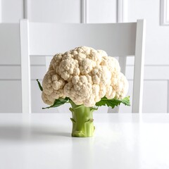 A head of cauliflower sits on a white table, centered against a backdrop of white walls and chairs
